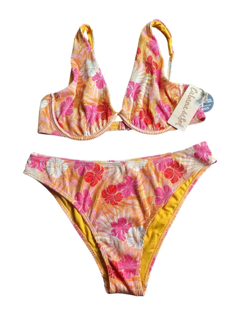 CABANA DEL SOL orange pink hibiscus flowers underwire bikini set size XL NWT